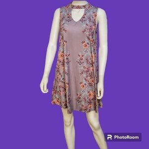 3/$30 MUDD 1990s Mod Lavendar Gray Sleeveless Choker Floral Trapeze Jumper Dress